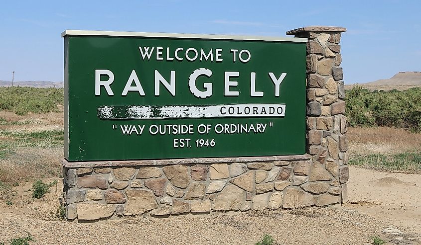 A welcome sign for Rangely, Colorado. The sign is located on the east side of town on the north side of Colorado State Highway 64.