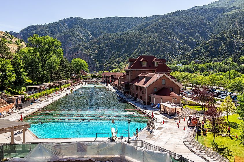 Glenwood Springs, High-angle view of the famous Colorado Hot Springs pool downtown with water and people swimming.