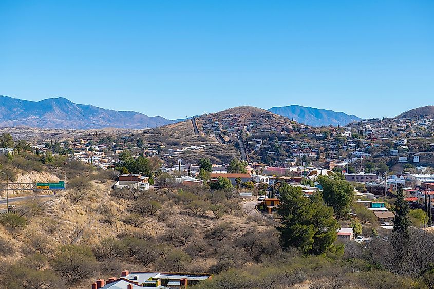 Aerial view of Nogales Sonora with the border wall between Nogales, Arizona, USA, and Nogales Sonora, Mexico.