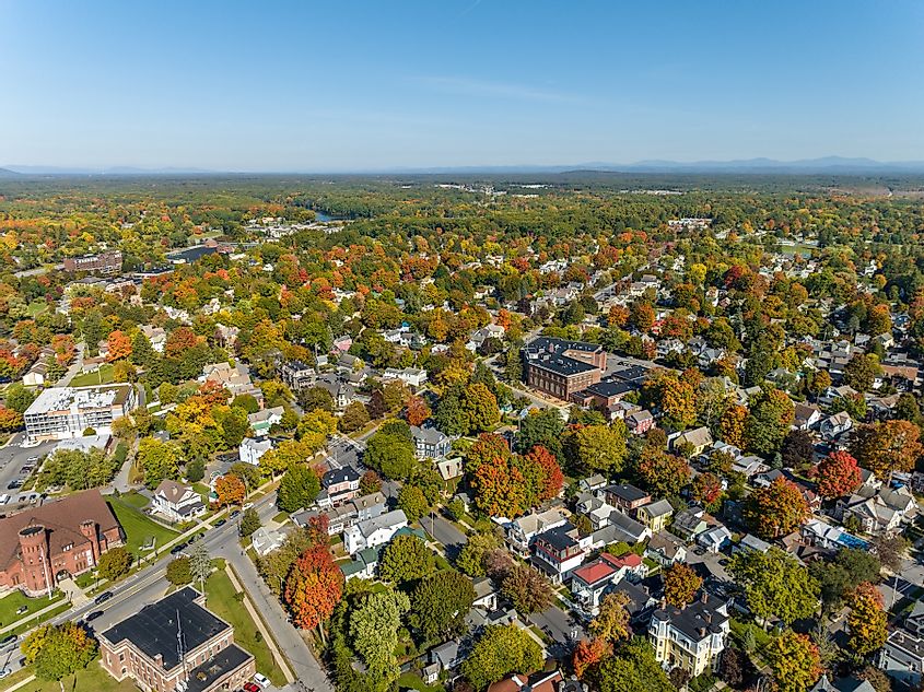 Early afternoon autumn aerial photo view of Saratoga Springs New York
