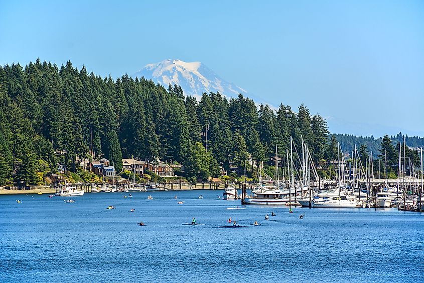 Kayakers enjoying a sunny summer day at Gig Harbor in Washington