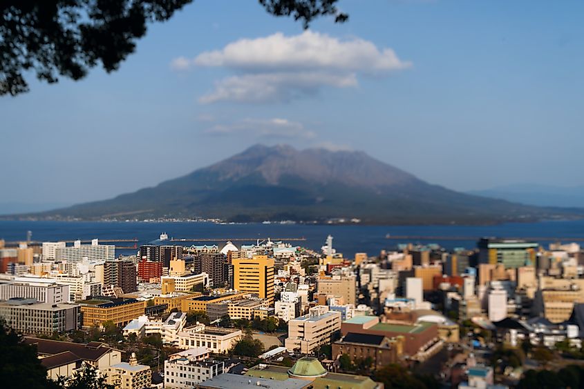 Kagoshima City with the Sakurajima volcano in the background.