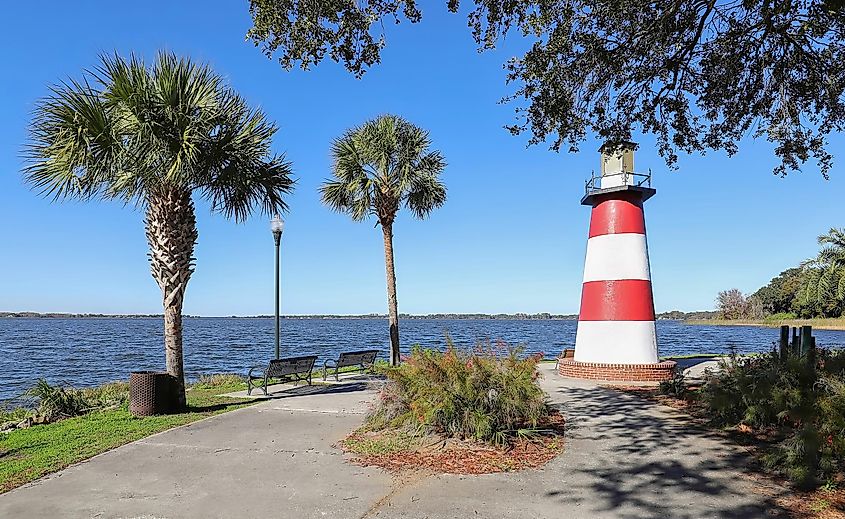 Mount Dora Lighthouse located at the Port of Mount Dora in Grantham Point Park, Florida, a popular tourist destination.