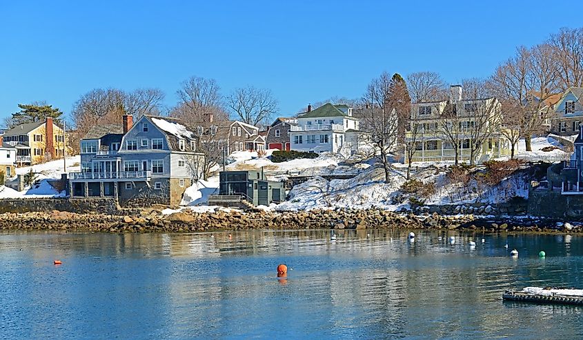 Historic buildings at the waterfront of port of Rockport City in winter, Massachusetts
