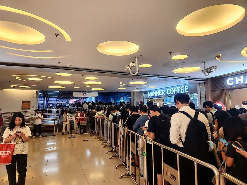Crowds lined up to enter the subway station at rush hour in Guangzhou, China.