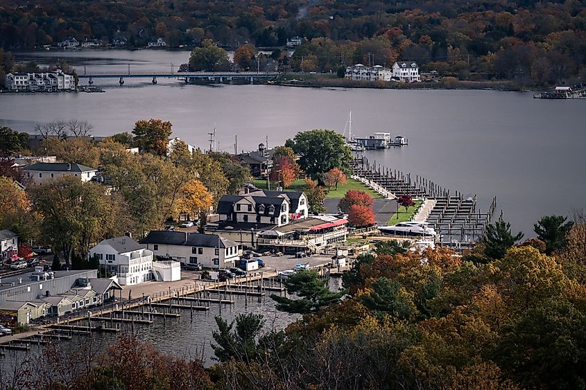 Aerial view of Saugatuck, Michigan, on the shores of Lake Michigan.