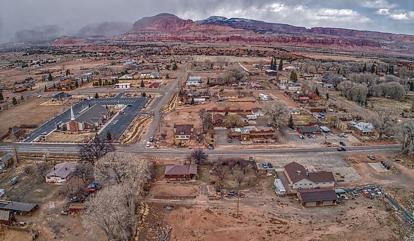 Aerial view of Torrey, Utah, in early spring