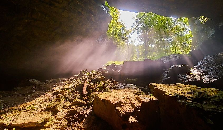 Maquoketa Park Rocky Tunnels with light shining through