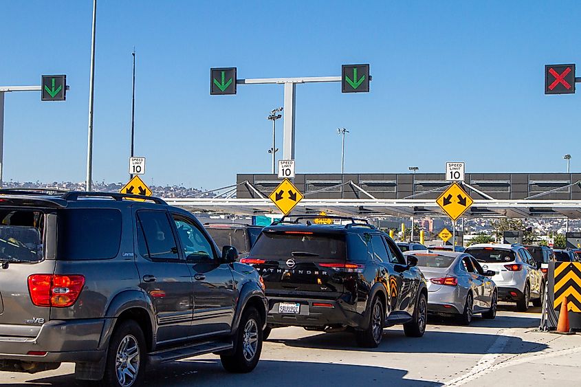Traffic waiting at the San Ysidro border crossing from the USA to Mexico.