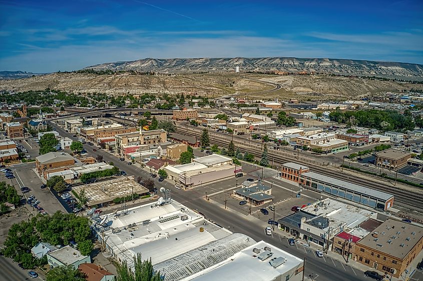 Overlooking the downtown buildings of Rock Springs, in Wyoming