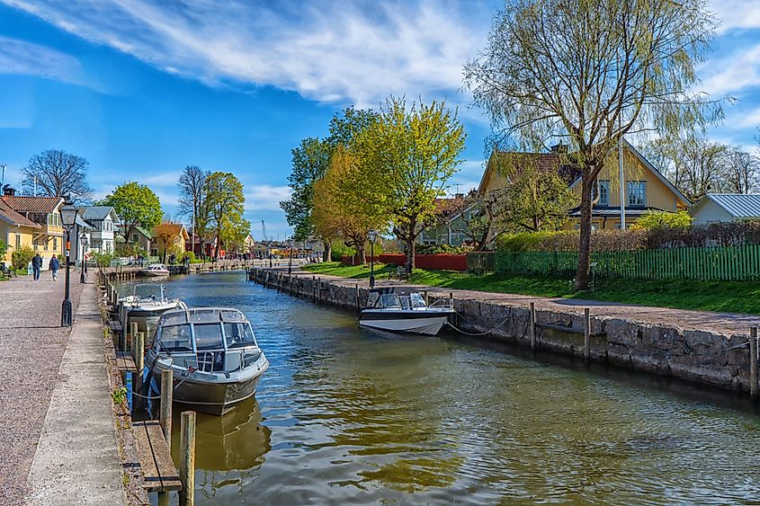View of Trosa with a canal running through the small town in the Swedish countryside