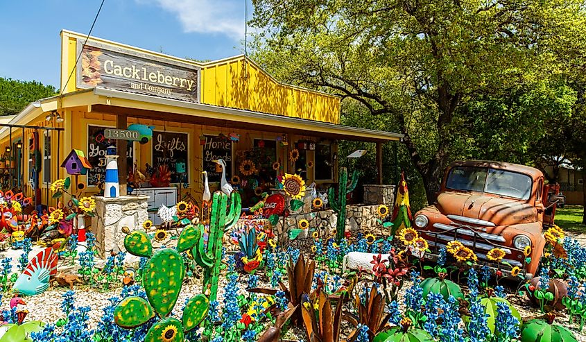 Colorful shop with artwork on display in the small Texas Hill Country town of Wimberley.