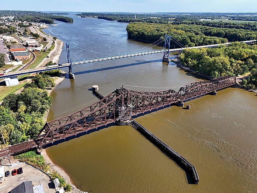 Aerial view of the railway Swing bridge on the Mississippi River at Clinton, Iowa