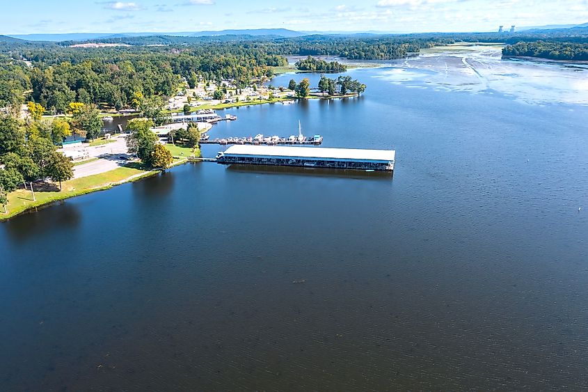 Aerial overhead view of marina and campground at Jackson County Park on Lake Guntersville in Scottsboro Alabama.