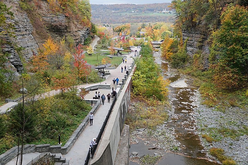 Top view of visitors near the entrance of Watkins Glen State Park in Upstate New York, USA.