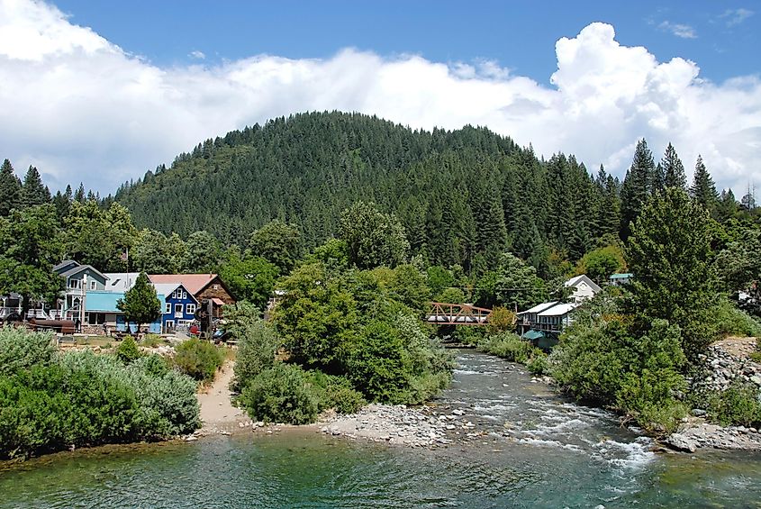 The Yuba River flowing through the forested landscape of Downieville in California's Gold Country.