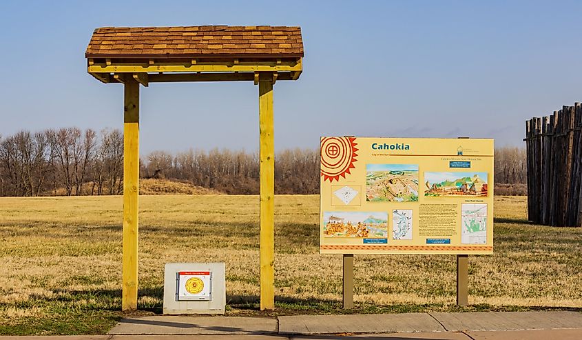 Sunny view of the sign of Cahokia Mounds State Historic Site