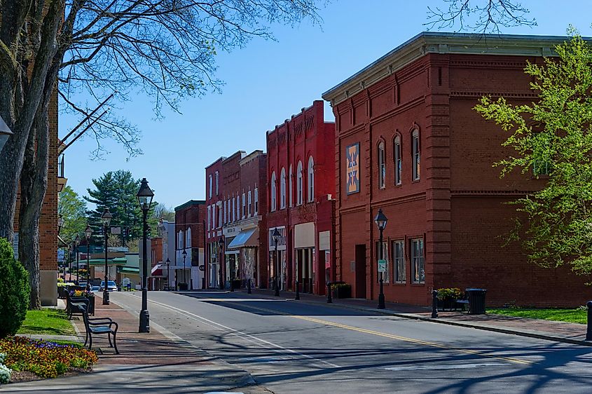 Quiet main street in Rogersville, Tennessee, lined with red brick buildings, lampposts, and budding trees on a clear sunny day.