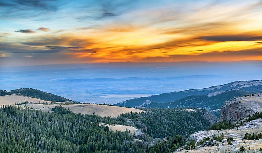 Dramatic beautiful sunset viewed from the Bighorn Mountains near Sheridan, Wyoming