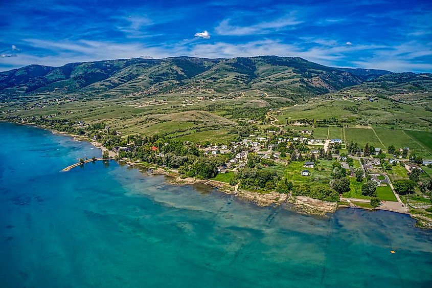 Aerial View of Fish Haven, Idaho on the shore of Bear Lake