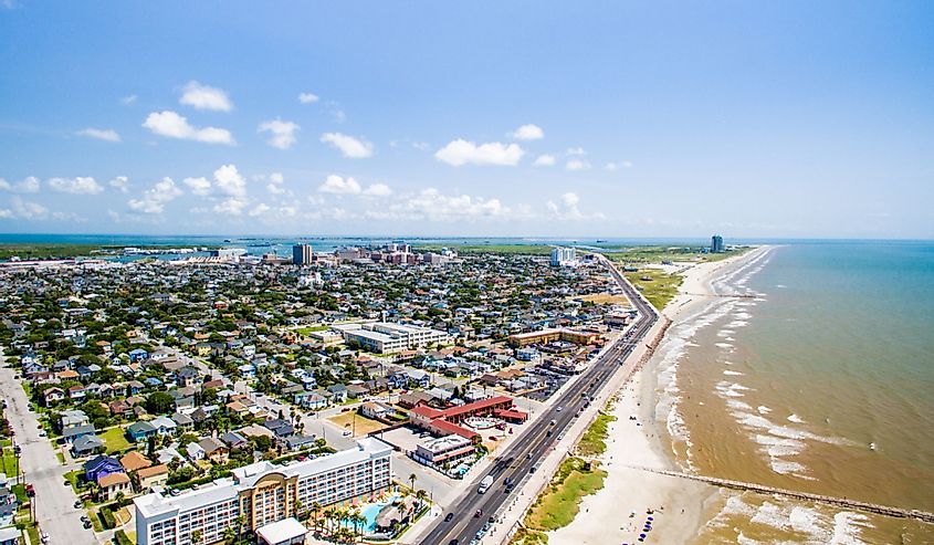 Aerial view of Galveston Sea Wall and Beach in Texas