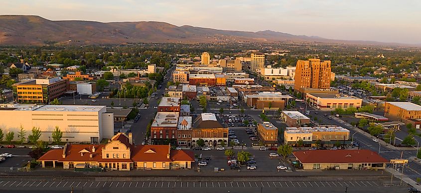 Beautiful light illuminated the downtown urban core city center of Yakima, WA