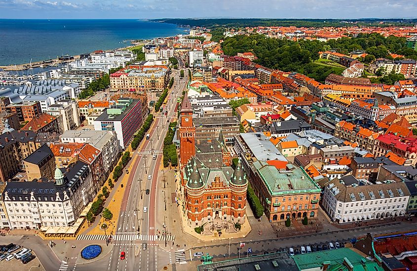 Aerial panorama of Helsingborg, Sweden, featuring Helsingborg Town Hall and the surrounding cityscape in summer.