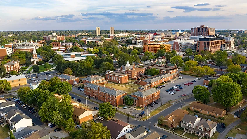 Aerial view of an university campus area looking into the city suburbs in Lexington, Kentucky.