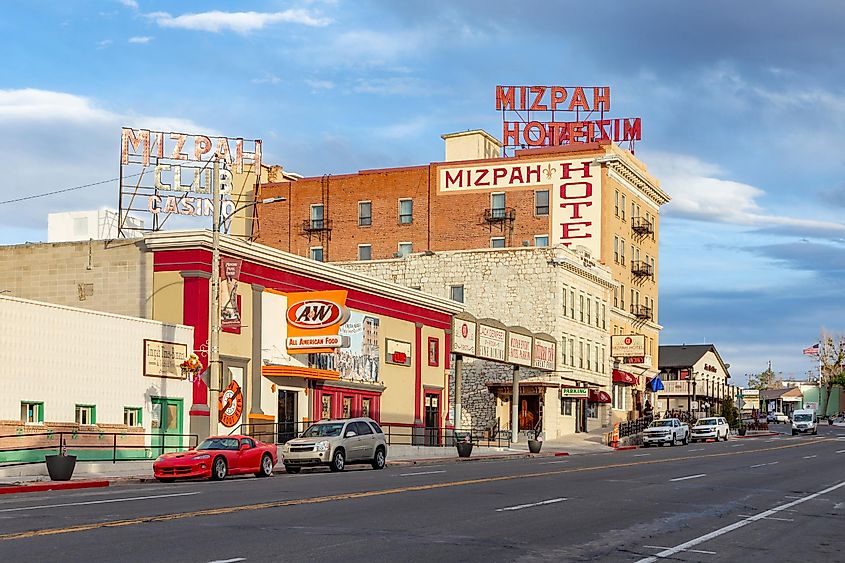 Old historic Mizpah Hotel, casino, and bar in the old mining town of Tonopah, USA.