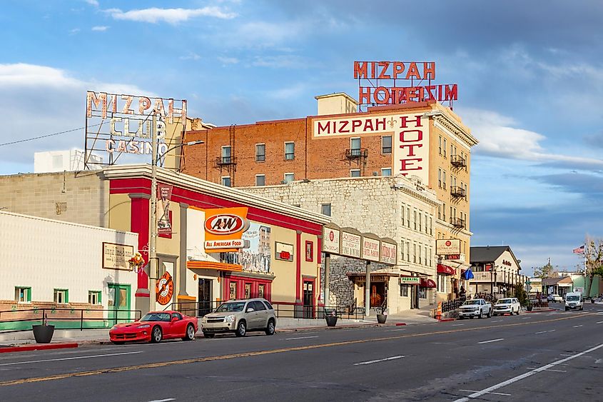 Tonopah, USA - June 2, 2022: old historic hotel, casino and bar Mizpah in the old mining town Tonopah.