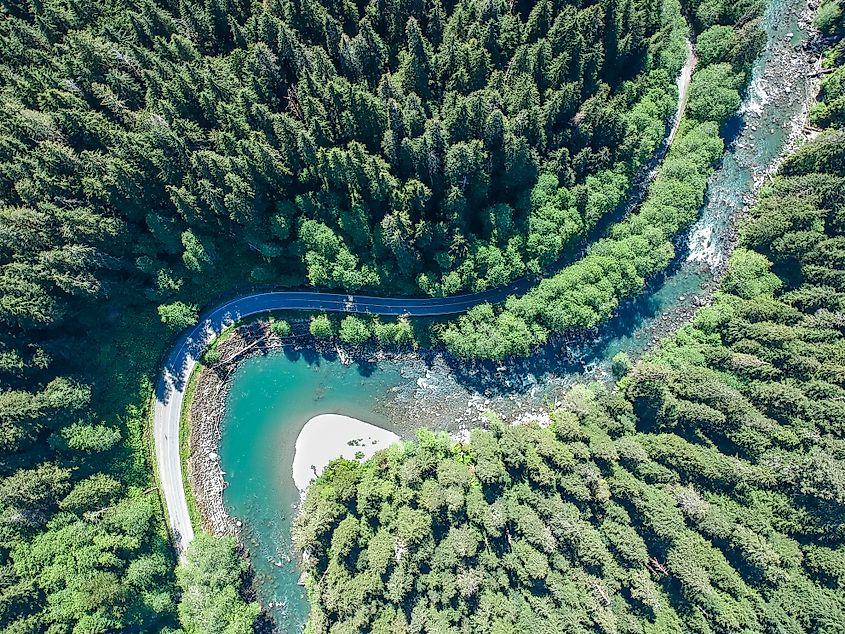 Aerial view of Mountain Loop Highway, Washington, USA.