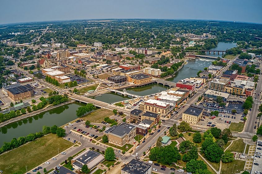 Aerial View of Downtown Janesville, Wisconsin during Summer