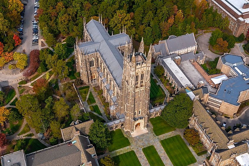 Duke University Chapel and grounds front angle aerial view. 