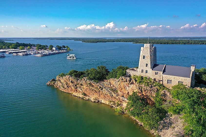 Aerial view of Tucker Tower, a historical attraction, on Lake Murray in Ardmore, Oklahoma. 