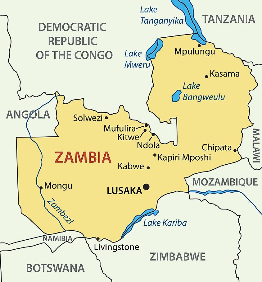 Map showing the location of Lake Bangweulu, Zambia.