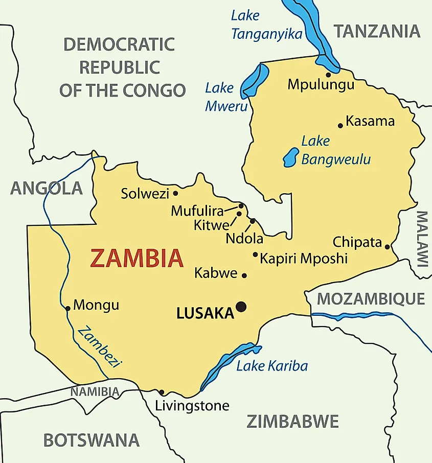 Map showing the location of Lake Bangweulu, Zambia.