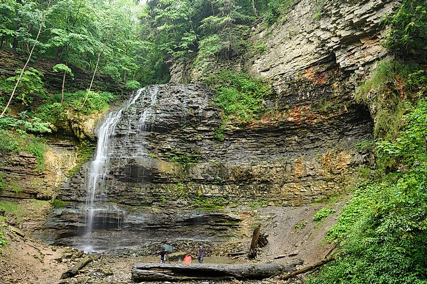 Tiffany Falls waterfalls on the Niagara Escarpment in the rain in Ancaster, Ontario, via Reimar / Shutterstock.com