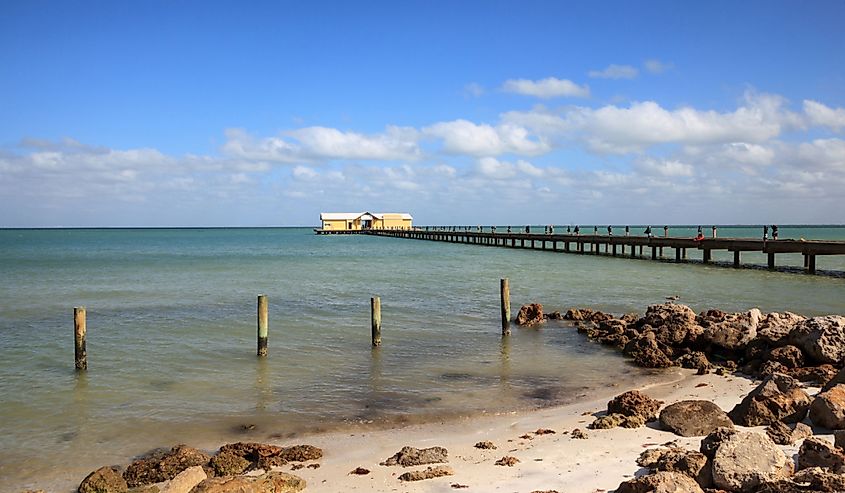 Blue sky over the Anna Maria Island City pier on Anna Maria island, Florida