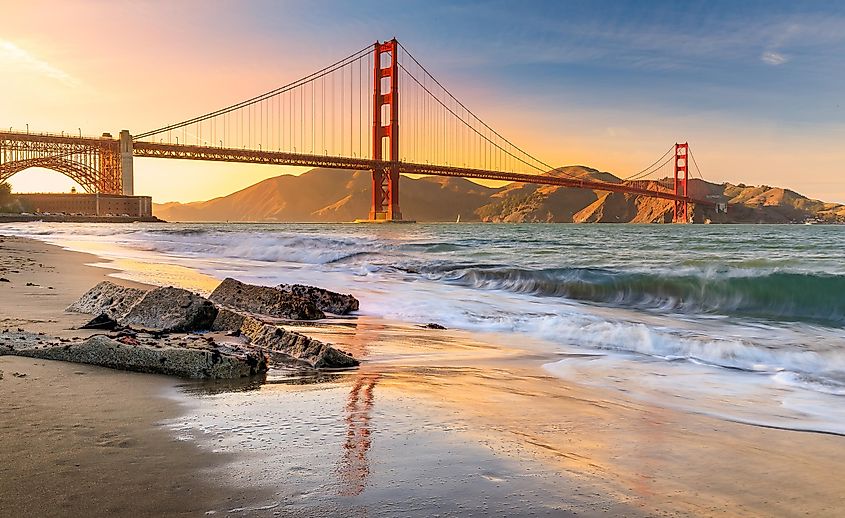 Sunset at the beach by the Golden Gate Bridge in San Francisco California