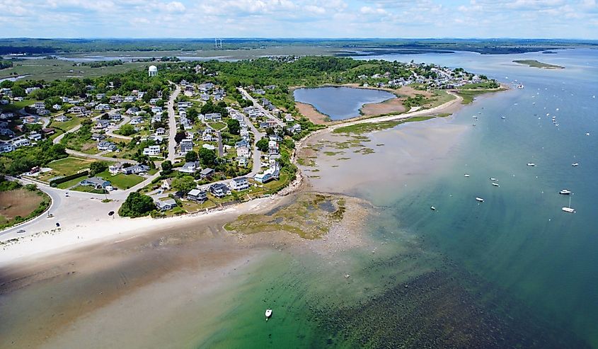 Historic village on Great Neck and Pavilion Beach aerial view at Ipswich Bay in the town of Ipswich, Massachusetts.