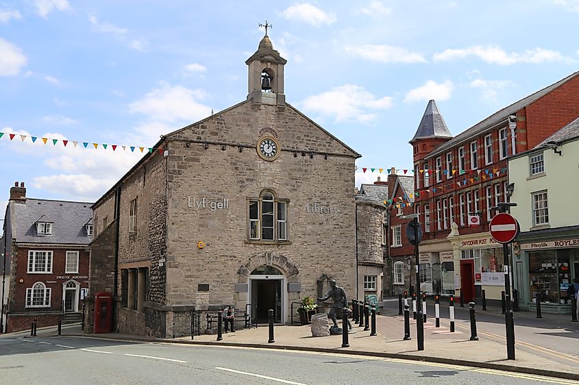 The Library and Sir Henry Morton Stanley's statue in the centre of town in Denbigh, Wales.