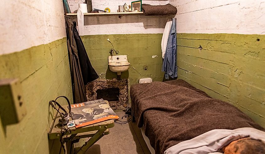 Cell of one of the Anglin brothers who escaped from the maximum security federal prison of Alcatraz, located in the middle of the North American bay