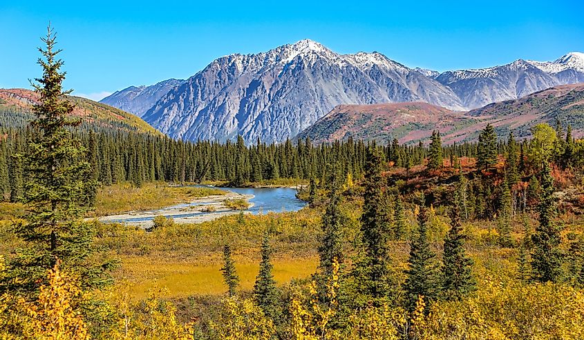 Scenic fall landscape with snow-capped mountains in Denali National Park, Alaska