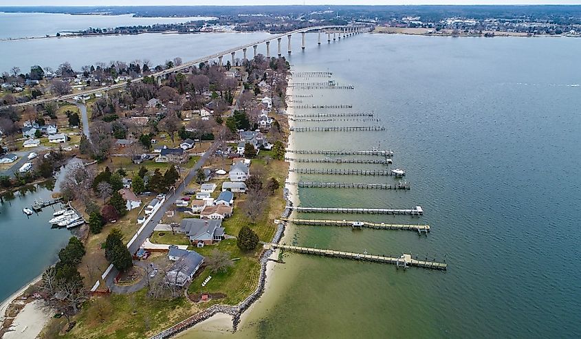 Waterfront houses in St. Mary's County, part of the Solomon Island, Lexington Park, Maryland.