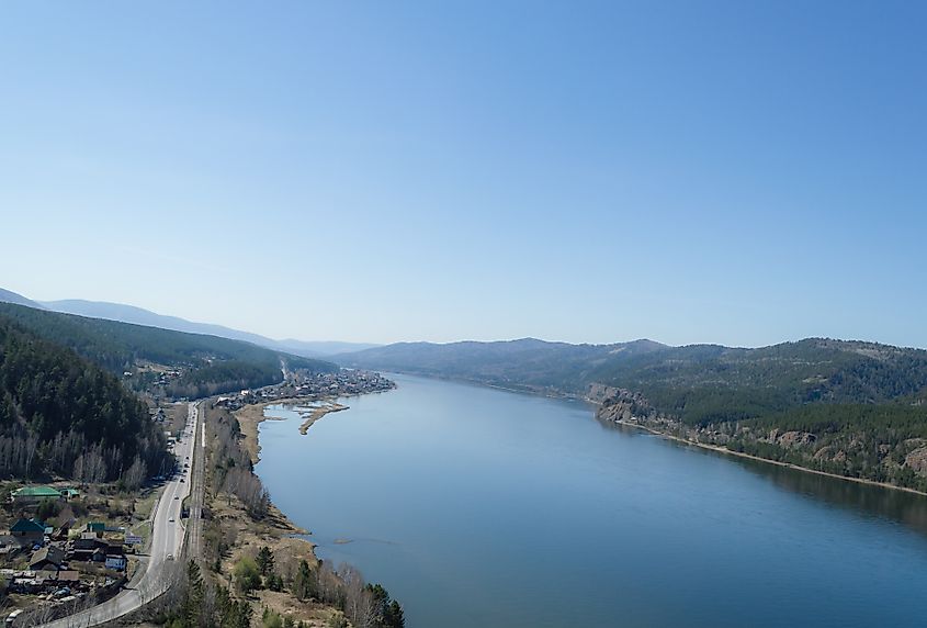 view from above on banks of Yenisey River and  mountains 