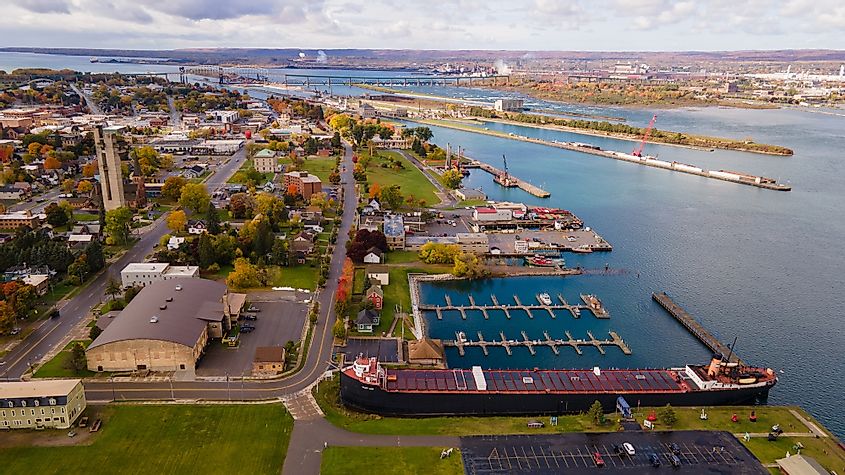 This aerial photo showcases the Soo Locks in Sault Ste Marie, Michigan.