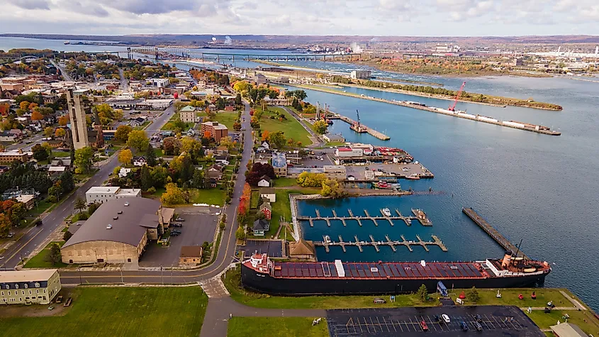 Aerial view of Soo Locks in Sault Ste. Marie, Michigan, on a partly cloudy autumn day.