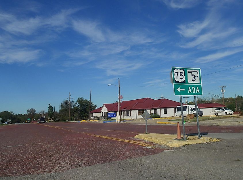 Brick-paved street in an intersection in Ada, Oklahoma, 