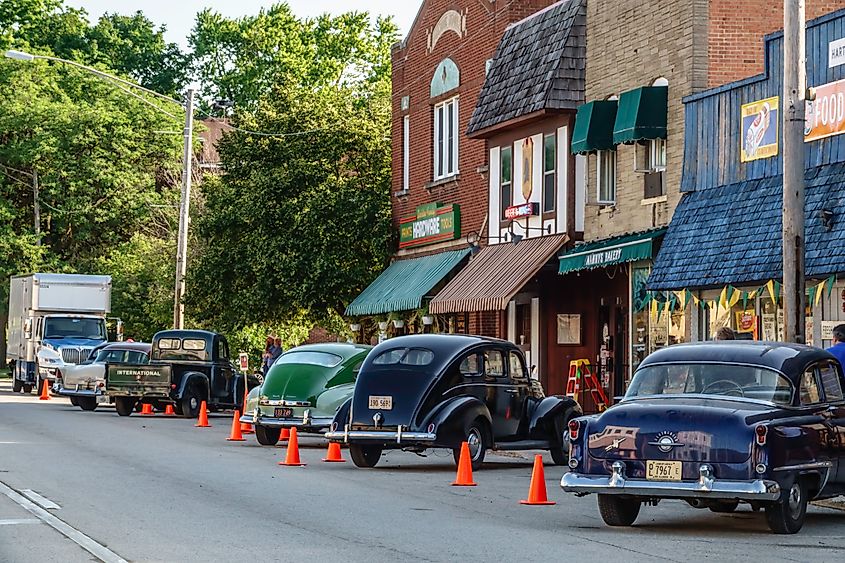 Classic cars on Main Street in Elburn, Illinois