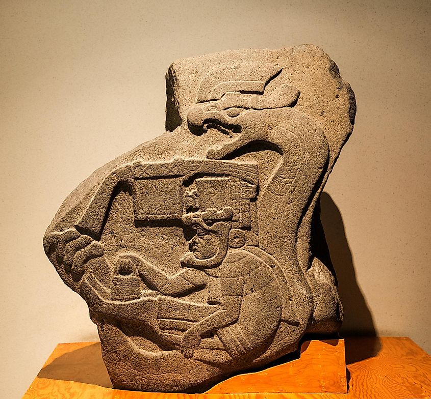 Ancient pre-Columbian bas-relief detail of the Olmec stele  at the National Museum of Anthropology and History in Mexico City, Mexico.